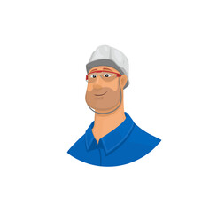 Worker wearing hardhat, glasses and jacket cartoon illustration on a white background