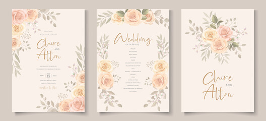 Set of hand drawn elegant floral wedding card template