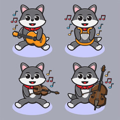 Vector illustration of cute Wolf play Music cartoon. Cute Wolf expression character design bundle. Good for icon, logo, label, sticker, clipart.