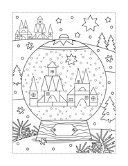 Snowglobe with old town and star coloring page, poster, sign or banner black and white activity sheet 

