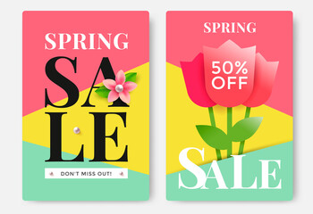 Spring Sale poster design with tulips. Vector illustration