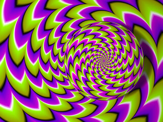 Green pink and purple rotating sphere. Spin illusion.