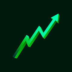 Green uptrend abstract background. A green arrow is showing the trend of the market to uprise. Background for the economy and data analysis.