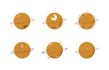 Set of abstract aesthetic boho planets. Scandinavian design for wallpaper and home decor. Contemporary geometric element. Modern vector illustration in flat style.