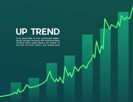 Green uptrend abstract background. A group of the green bar and the line graph feeling that rise, growth, motivation, hope, and bull stock market. Background for the economy and data analysis.