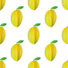 Seamless pattern design of yellow star fruit and green leaves. on a white background. modern and print ready fruit wallpaper on fabric. vector illustration 3d