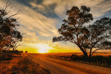 Vibrant country scene at sunset featuring dirt road in rural Australian landscape with Pyramid Hill visible in the distance - Powered by Adobe