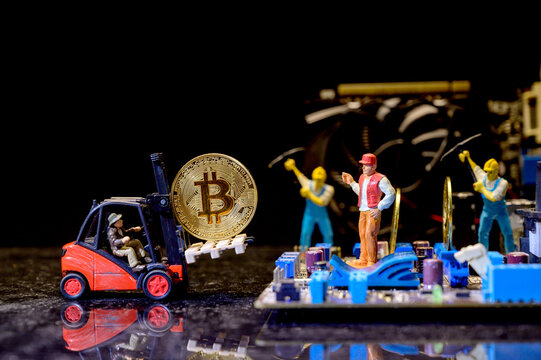 Bitcoin Of Crypto Currency With Gold, Money And Miniature Toy. New Virtual Of Technology And Business For Block Chain