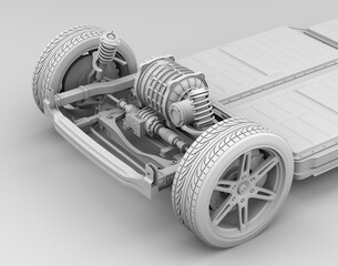 Clay rendering of Electric Vehicle's chassis with electric motor and battery system. 3D rendering image.