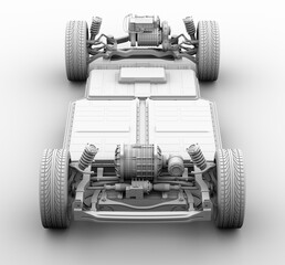 Clay rendering of Electric Vehicle's chassis with dual motors and battery system. 3D rendering image.