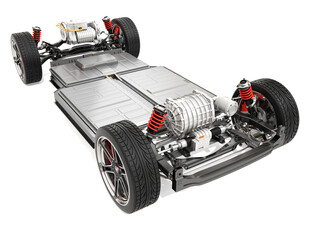Electric Vehicle's chassis with dual motors and battery system isolated on white background. 3D rendering image.