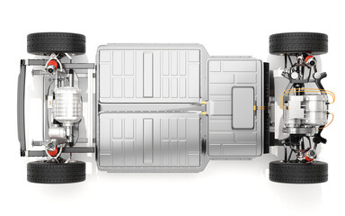 Top view of Electric Vehicle's chassis with dual motors and battery system. 3D rendering image.