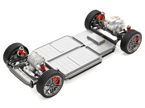 Electric Vehicle's chassis with dual motors and battery system isolated on white background. 3D rendering image.