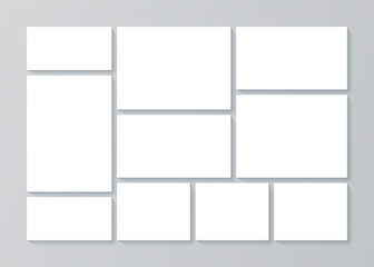 Photo collage grid. Moodboard template. Vector. Mood board design. Mosaic frame banner. Branding presentation. Photography album layout. Pictures isolated on gray background. Simple illustration