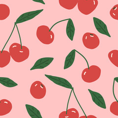 cherry and leaves vector seamless pattern. hand drawn. illustration for wallpaper, wrapping paper, textile, background. red juicy summer fruit.