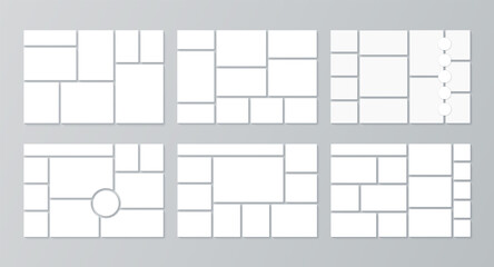 Collage template. Moodboard grid. Vector. Set mood boards. Frame banner with photo pictures. Mosaic backgrounds. Photography album layout. Presentation mockup. Minimalist illustration