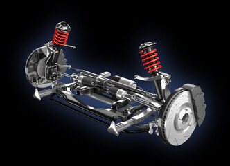Car suspension and disk brake isolated on black background. 3D rendering image.