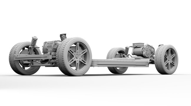 Clay rendering of Electric Vehicle's chassis with dual motors and battery system. 3D rendering image.