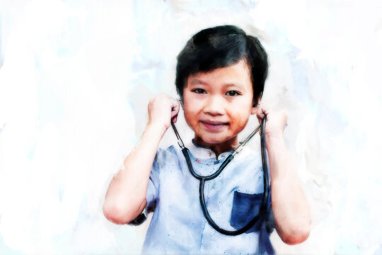 Digital painting and drawing of Happy Asian boy wearwith stethoscope and play role as doctor, occupation in future and education concept.