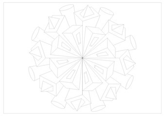Coloring page of geometric 3d-look mandala pattern in line-art style. Raster image in A3 paper size.