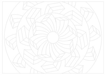 Coloring page of spiral 3d cubes and boxes pattern in line-art style. Raster image illustration in A3 paper size.