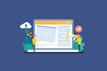 Video channel subscription, uploading new video on social media, viral video marketing, teamwork, cloud networking concept. Flat banner template.