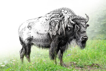Hand drawing and photography bison combination. Sketch graphics animal mixed with photo