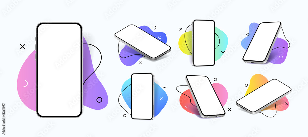 Poster Mobile phone mockup. Realistic smartphones on abstract backgrounds. Blank screen for app interface. View from different sides on gadgets with copy space. Vector monitor of 3D cellphone