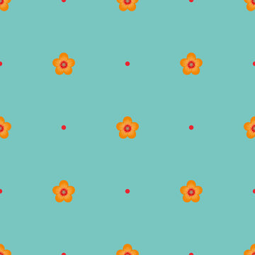 Seamless minimalist geometric pattern. Small orange flowers with red core and red dots on tiffany blue background. Repeat botanical pattern. Vector illustration.