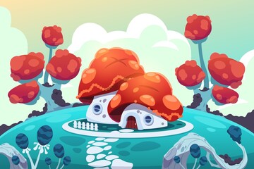 Cartoon forest house. Fairy gnome village panorama with magical garden. Little building on hill. Bright roof mushroom cap and white walls. Fantasy landscape. Vector mysterious illustration