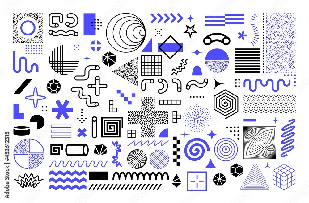 Aufkleber memphis geometric shapes. abstract graphic figures. minimal contour flat style forms set from lines 