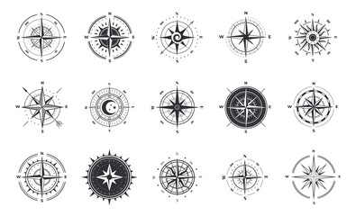 Wind rose. Compass signs. Nautical instruments for north orientation. Black and white contour cartographic symbols. Silhouettes of navigational equipment. Vector map icons with arrows - obrazy, fototapety, plakaty