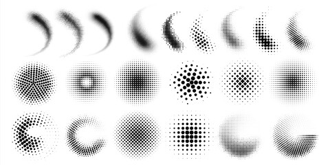 Halftone gradient spray. Dots and circles half tone graphic elements. Black points round shapes or curved smears. Comic pop art decorative effects set. Vector abstract geometric spots