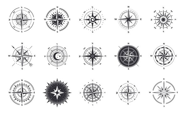 Wind rose. Compass signs. Nautical instruments for north orientation. Black and white contour cartographic symbols. Silhouettes of navigational equipment. Vector map icons with arrows