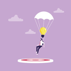 Business creative idea and success concept, Businessman use idea to target, Idea comes down to the target with parachute, creative idea to success