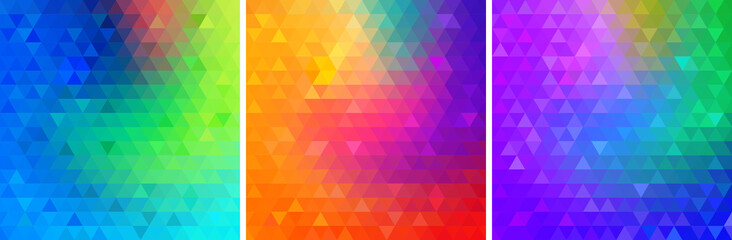 Fototapeta premium Colorful bright geometric backgrounds set. Triangular glowing patterns collection. Vector illustration.