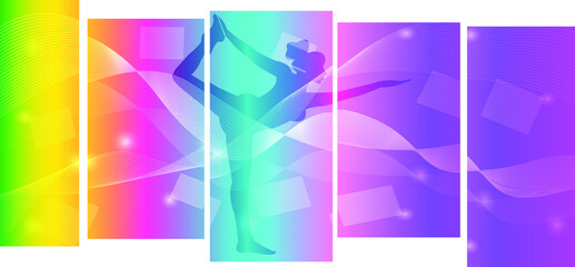 Yoga logo design. Colorful sport background. Ballerina in dance. Girl gymnast in gymnastic. Vector illustration.