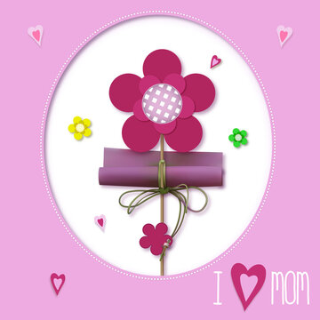 Vector illustration of a gift with lettering in circle shape with paper cut style for banner or poster. Shop market poster design. Best Mom ever greeting.