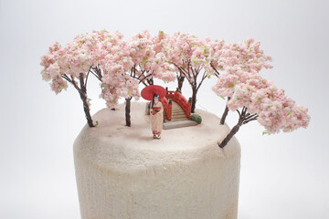 a fun of mini figure geisha at Cherry blossoms