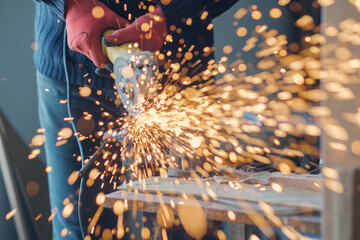 Worker working with a circular grinder on a metal with sparks flying out of them, selective focus
