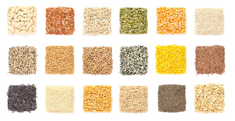 Collection of dry organic cereal and grain seeds in square shape  on white background, for healthy...