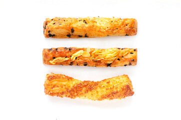 Three pieces of delicious homemade pastry on white background