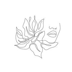 Woman Face with Leaves One Line Drawing. Continuous Line Woman and Leaves. Abstract Contemporary Design Template for Covers, t-Shirt Print, Postcard, Banner etc. Vector EPS 10.