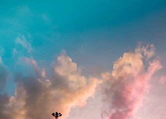 Fototapeta na wymiar abstract color of pinky sky and white fluffy cumulus clouds with beautiful rays sunbeam shining in the sky. soft smoothness of clouds in summer season. clear weather good air in environment background