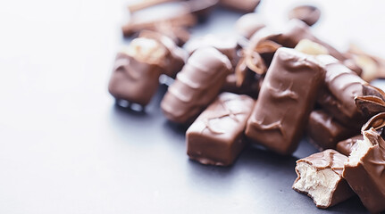 Chocolate bars on a black background in backlight. Chocolate with filling. Sweet sweets for snack and tea.