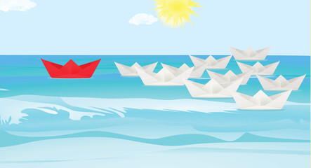 Leadership concept. Red paper boat in front of white boats. vector
