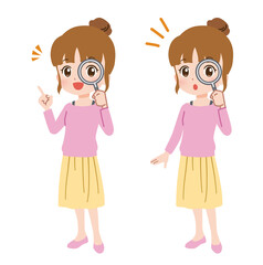 虫眼鏡で調べる女性のイラスト
