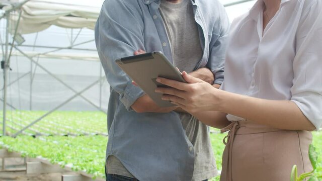 Young Asian businesswoman farmer hold tablet show performance of her organic farm to hispanic man buyer at greenhouse farm garden, New innovation technology in the cultivation concept.