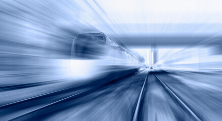 High speed train runs on rail tracks - Train in motion
