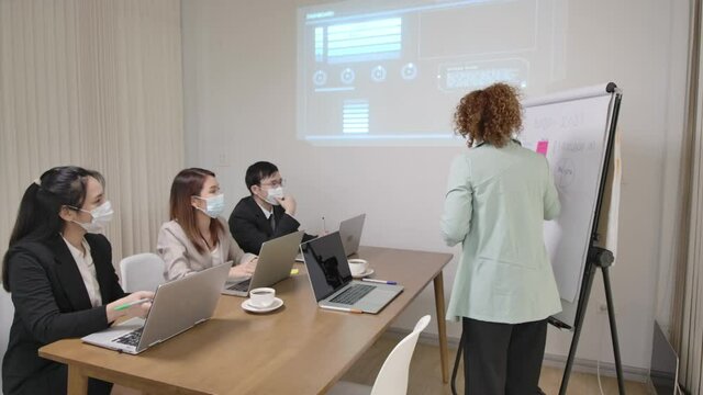 new normal new lifestyle , work colleage wering facemask in daily business meeting to prevent Covid-19 